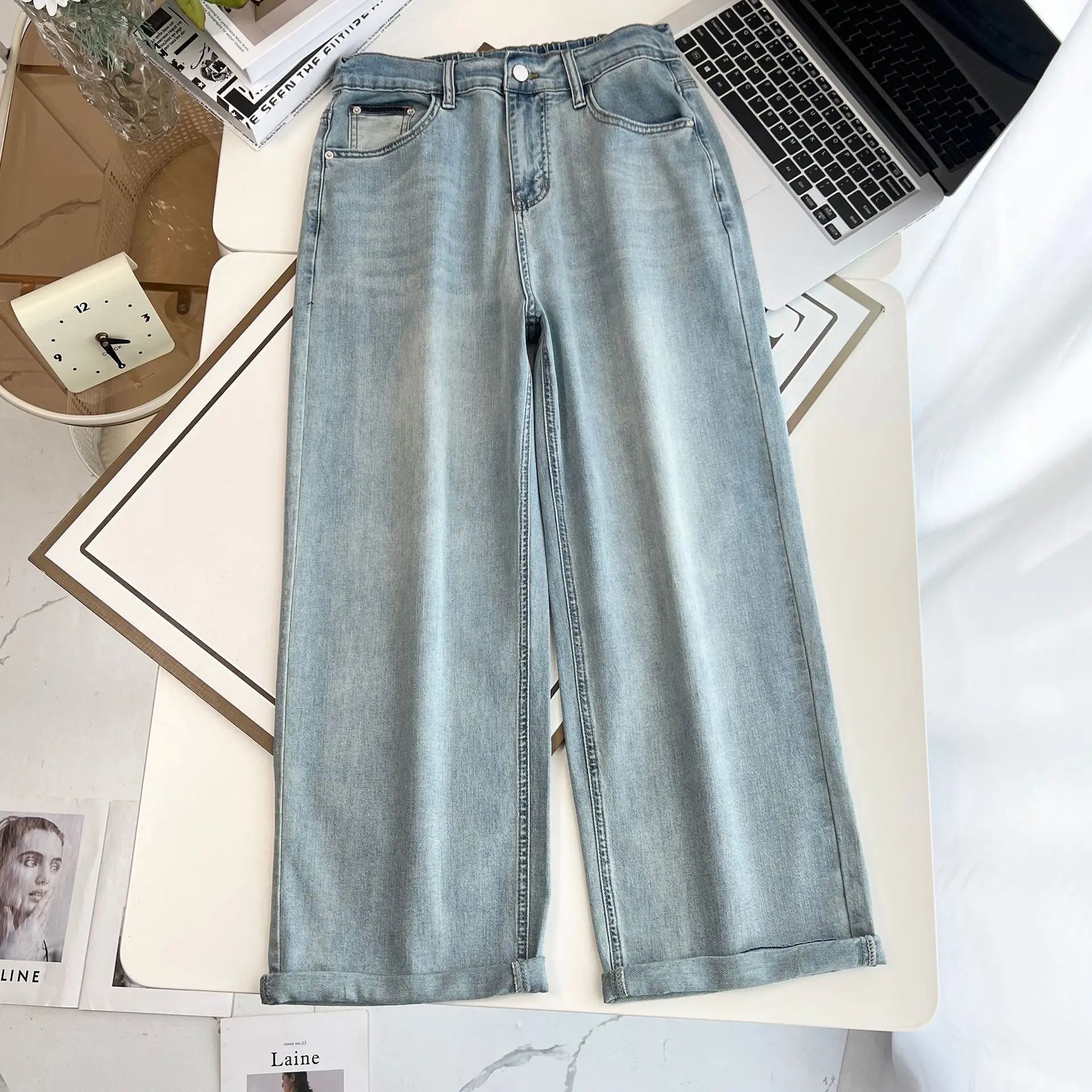 100KG 2025 Jeans dritti taglie forti Abbigliamento da donna Pantaloni larghi in denim sottile stile fidanzato premium 5328