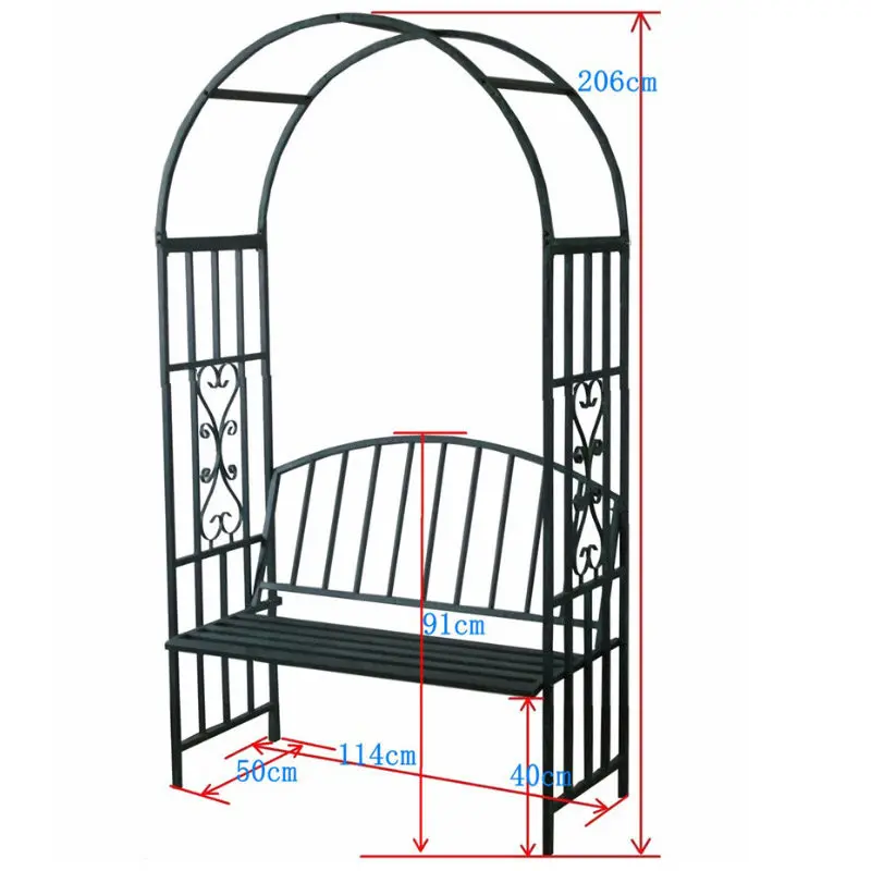 Metal Garden Arch with Built-in Bench, Decorative Pergola with Scrollwork, Outdoor Arbour Seat for Climbing Plants & Patio