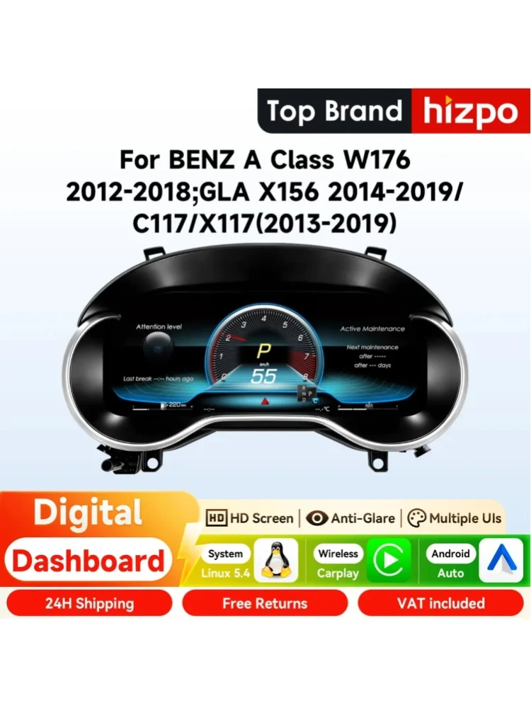 Hizpo 12,3-Zoll Digitales Kombiinstrument für Mercedes-Benz GLA X156 CLA C17 X17 A-Klasse W176 2012 - 2018 LCD-Armaturenbrett Linux 5.4