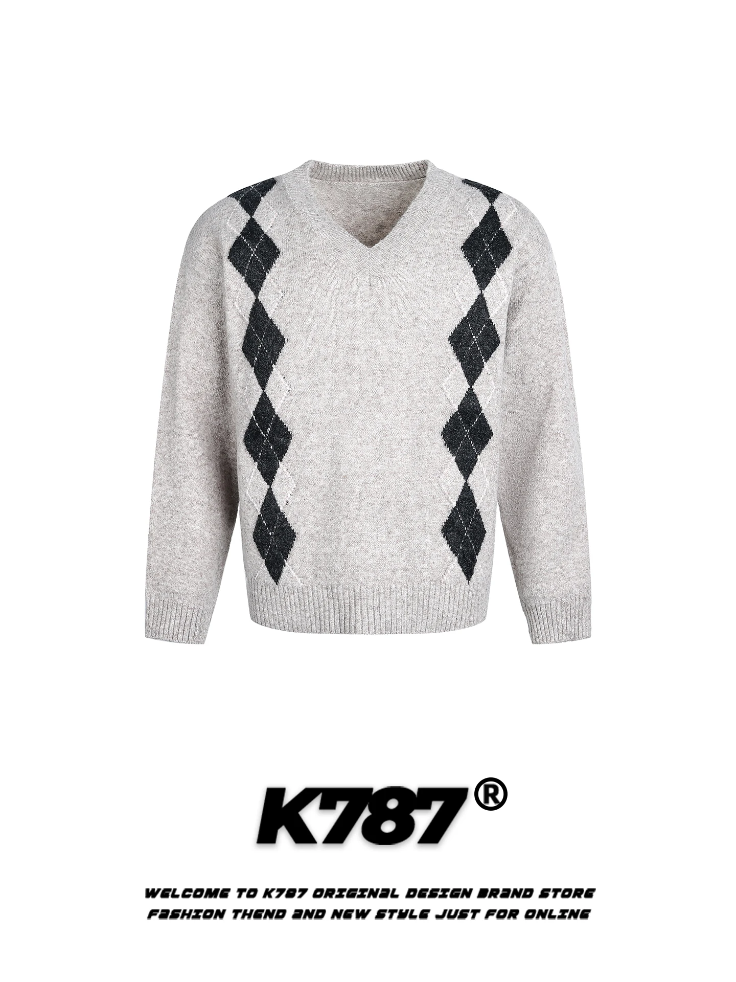 

Американский ретро-свитер с V-образным вырезом и ромбовидным узором, свободный, теплый, осенне-зимний, вязаный, для мужчин и женщин