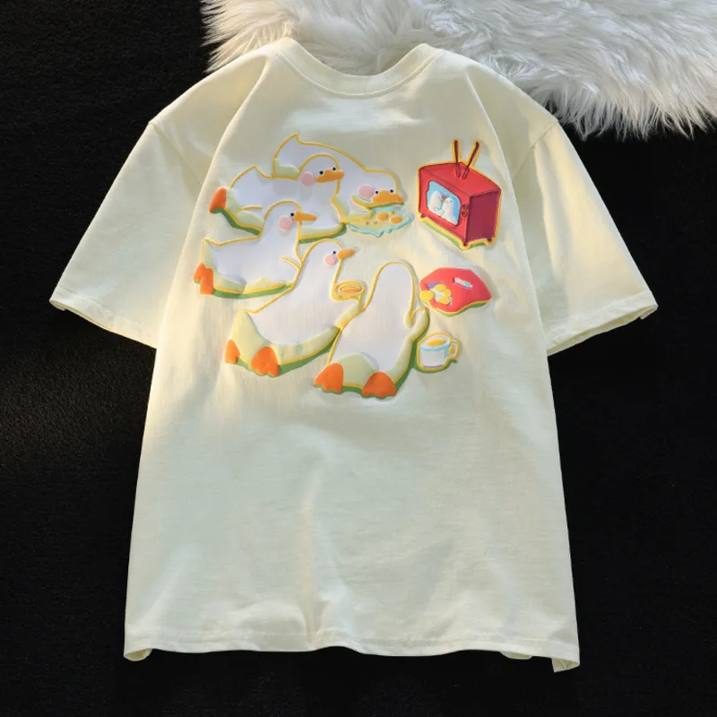 

2025 Summer Newest Women's T-shirt Cute Duck Print Harajuku Cartoon Loose Short-sleeved Tshirt Young Girls Kawaii Tee Shirts