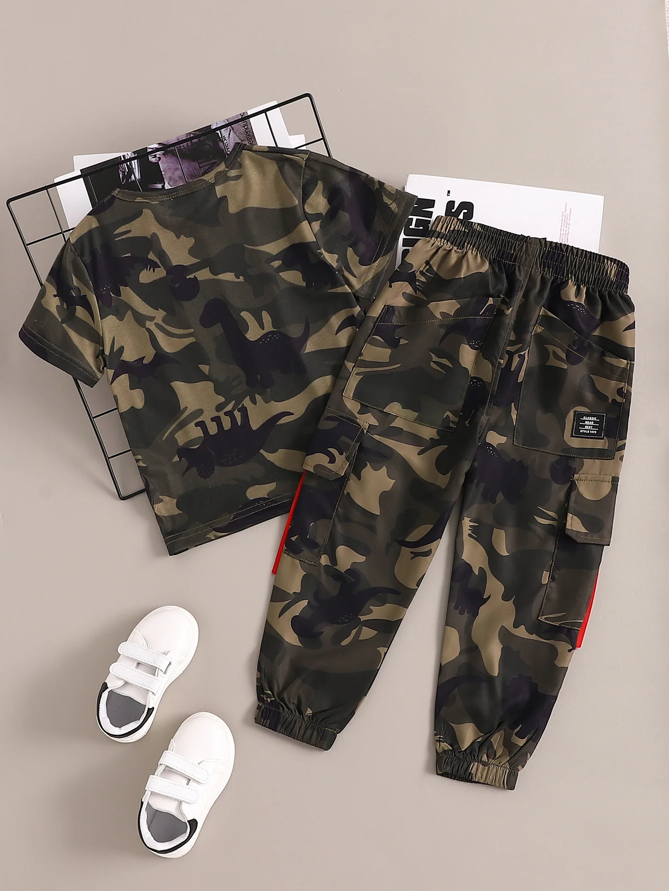 2pcs Boys Stylish Cartoon Dinosaur Camouflage T-shirt & Pants Set, Trendy Camouflage Pocket Cargo Pants, Comfy Kids Clothes