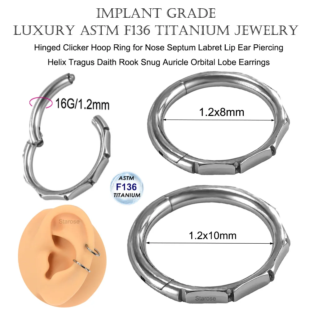 Bamboo Joint 1.2x8/10mm ASTM F136 Titanium Labret Piercing Hinged Clicker Segment Rings Nose Helix Piercing Hoop Daith Earrings