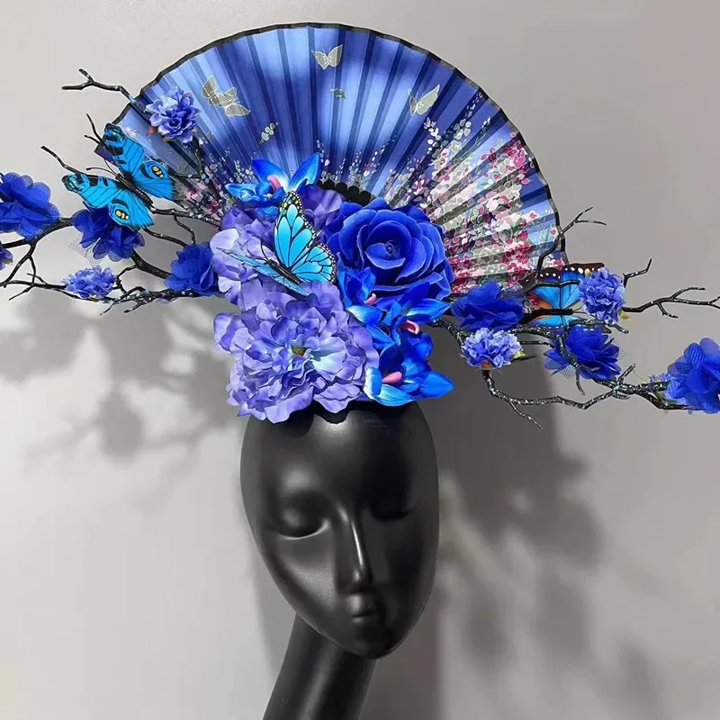 

Handmade original homemade blue flower fan headdress, stage model catwalk performance style, one piece of hair accessories