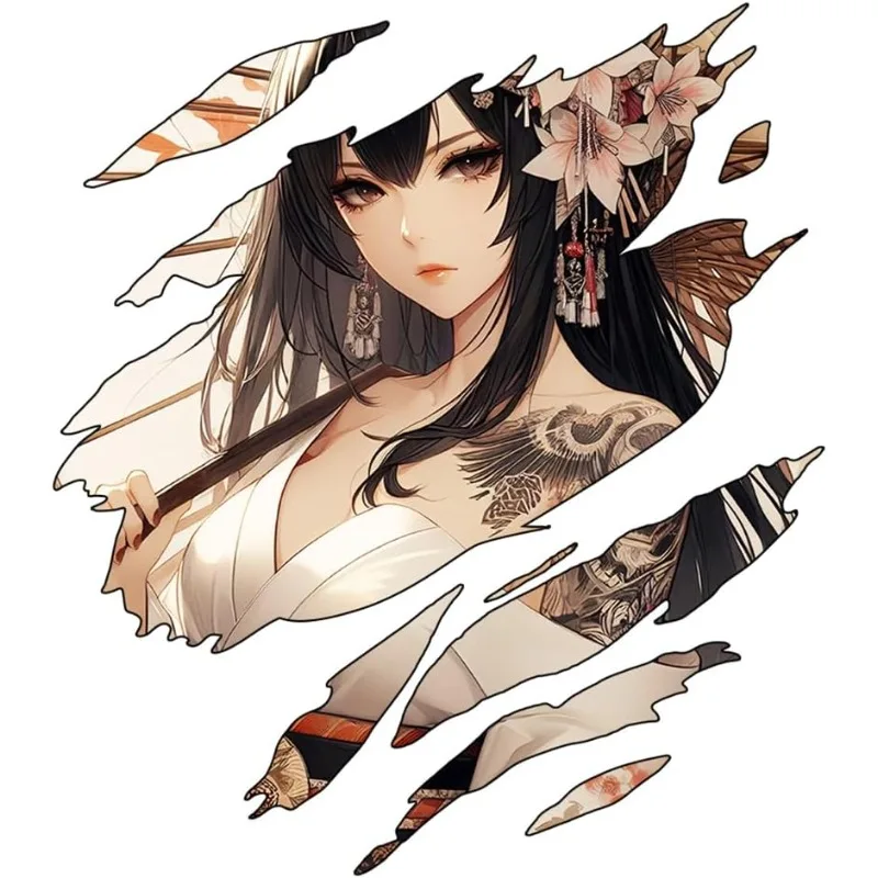 1Pc 2D Flat Tattoo Anime Girl Torn Paper Vinyl Sticker, Waterproof Decal For Car Motorcycle Camper Laptop Decor, Holiday Gift