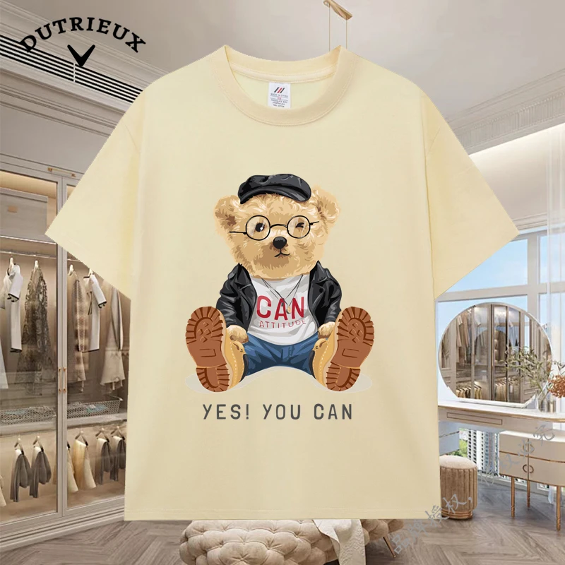 2024 New Luxury Bear Short Sleeved Men's and Women's Loose 230g Fabric weight Cotton Versatile Round Neck Breathable Inner Layup