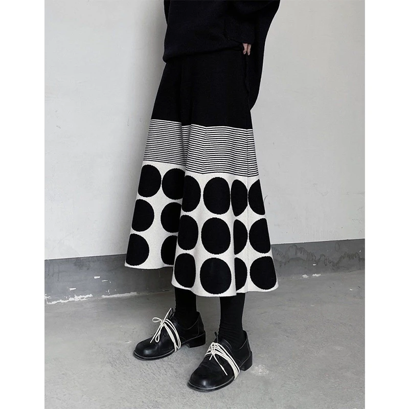 Vintage Polka Dots Knitted Midi Skirt Women Harajuku Striped Patchwork Skirts Winter Korean Elegant Loose Design A Line Faldas