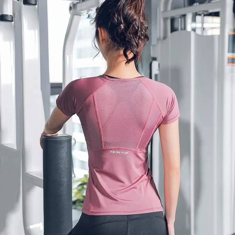 

Women's summer sports breathable sexy back slimming fitness suit; quick-drying running training short-sleeved yoga top.