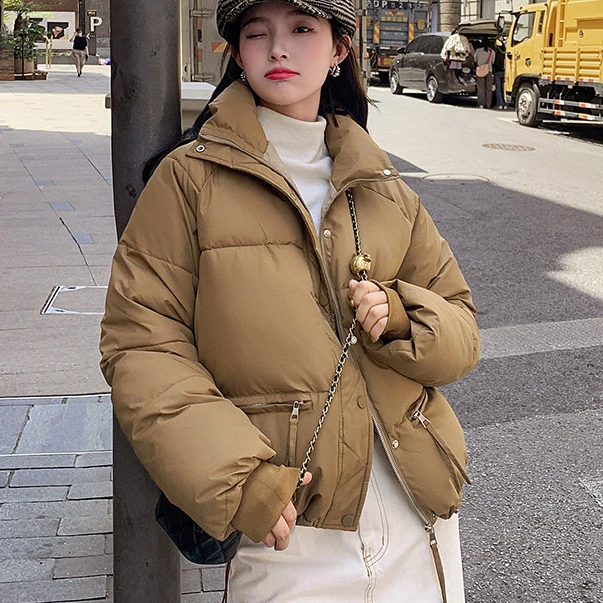 

2023 Winter Short Coat Women Loose Parka Stand-up Collar Cotton-padded Jackets Solid Bread Clothes Students Thicken Warm Tops