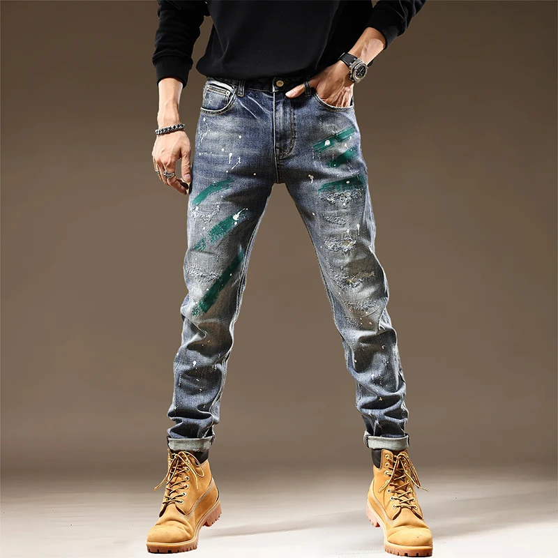 

American tide high street jeans men's broken holes Slim small straight leg heavy industry gangster handsome personality pants