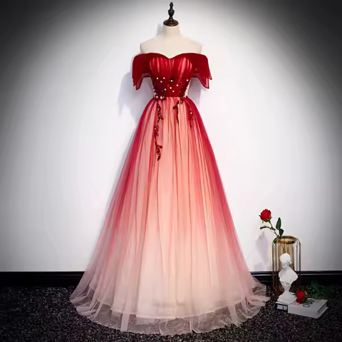 Strap Toast Dress for Bride 2026 New Summer Long Style Fairy Evening Dress Starry Sky Gradient Dress Women's Red Strapless