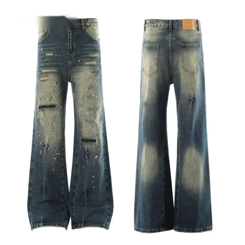 Niche Design Men's Denim Pants Washing Dirty-dying Splash-ink Contrast Color Holes Worn-out Vintage Male Jeans Chic 9VW3K