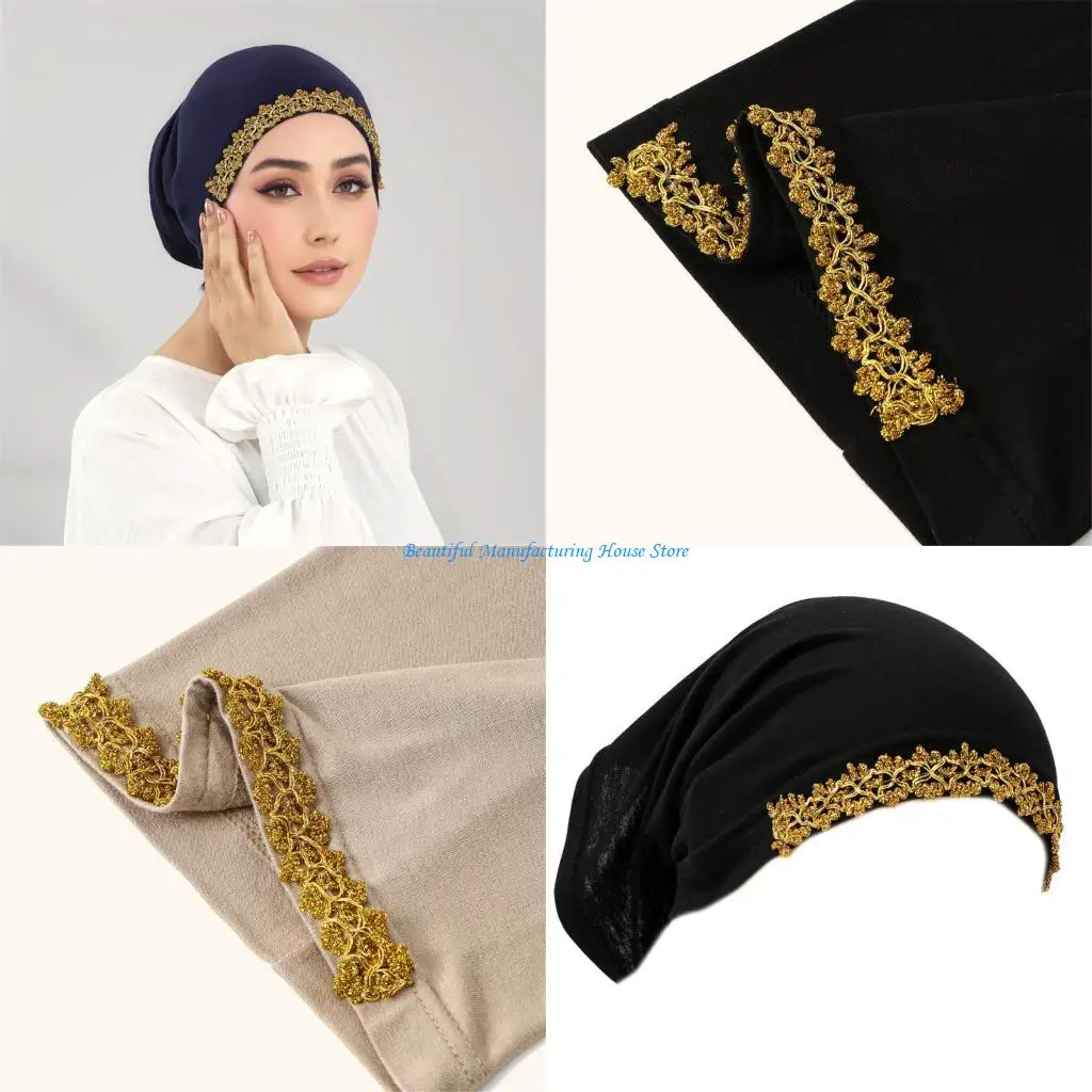 

E56A Color Hijab Hat with Lace Flower Trim Muslims Headscarf Hat Comfortable Breathable Polyester For Women Daily Wear