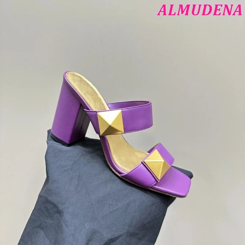

Colorful One Stud Leather Mules Women Block High Heels Square Toe Slippers 2024 Summer New in Luxury Designer Party Shoes