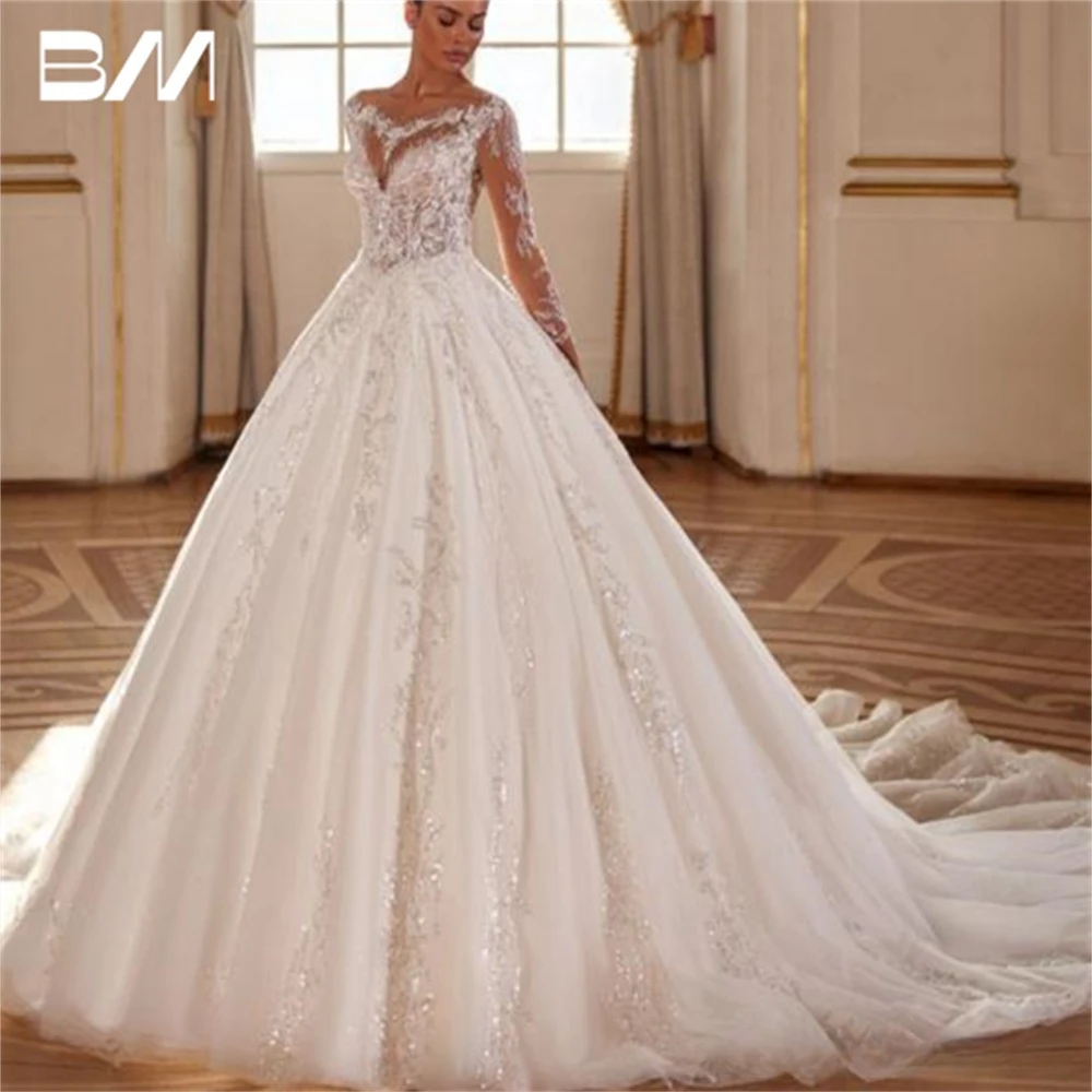 Long Sleeve Tulle Wedding Dress Customized Beads Embroidery Bride Dress Court Train Button Closure Bridal Gown Plus Size