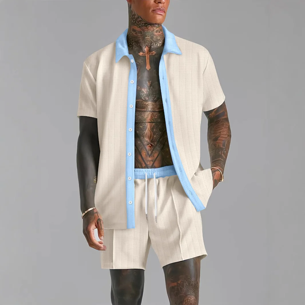 New summer men's sports suit casual color matching short-sleeved button-down shirt loose and comfortable + shorts two-piece set