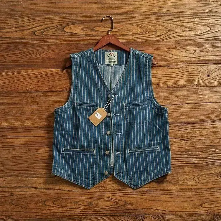 Japanese Retro Khaki Trend American Striped Workwear Vest Washed Tank Top Denim Sleeveless Waistcoat Blazer