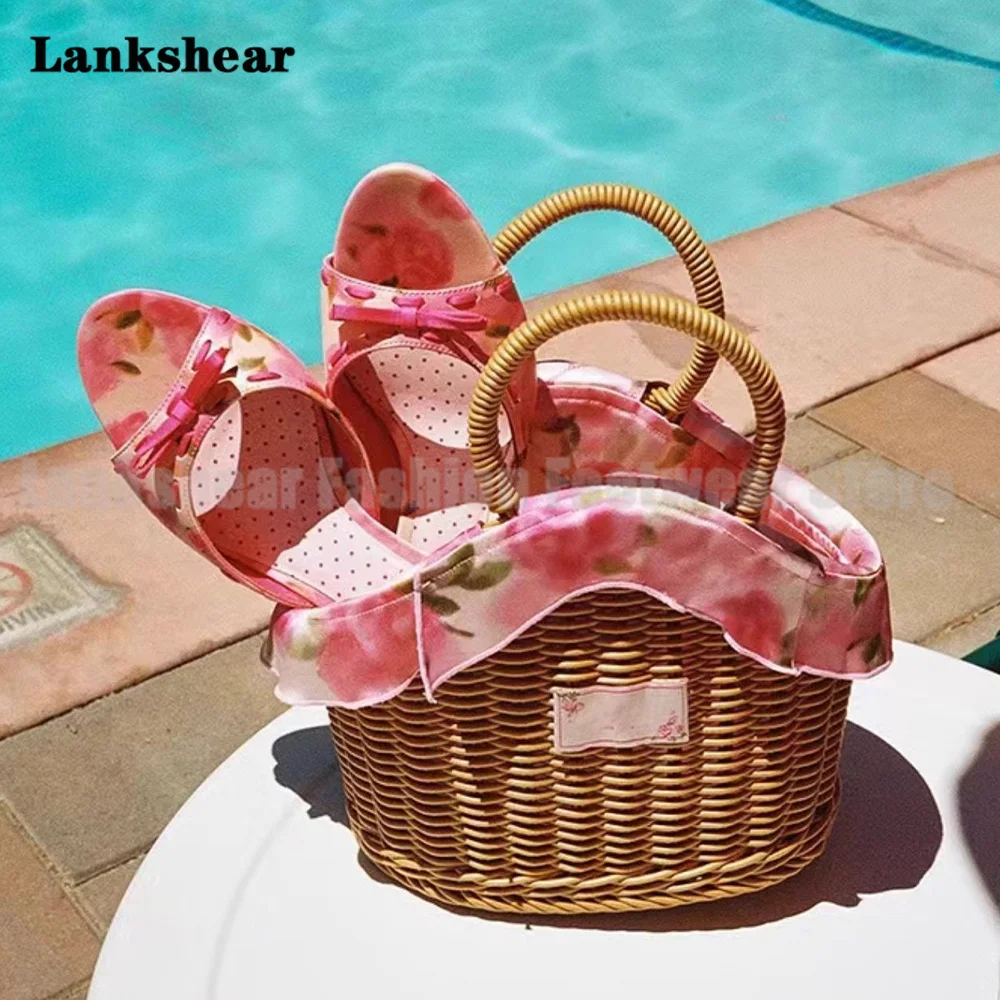 

Bow Printed Satin Slippers Pink Mid Heels Mules Party Casual Runway Shoes Summer Women Shoes Elegant Sandalias De Mujer