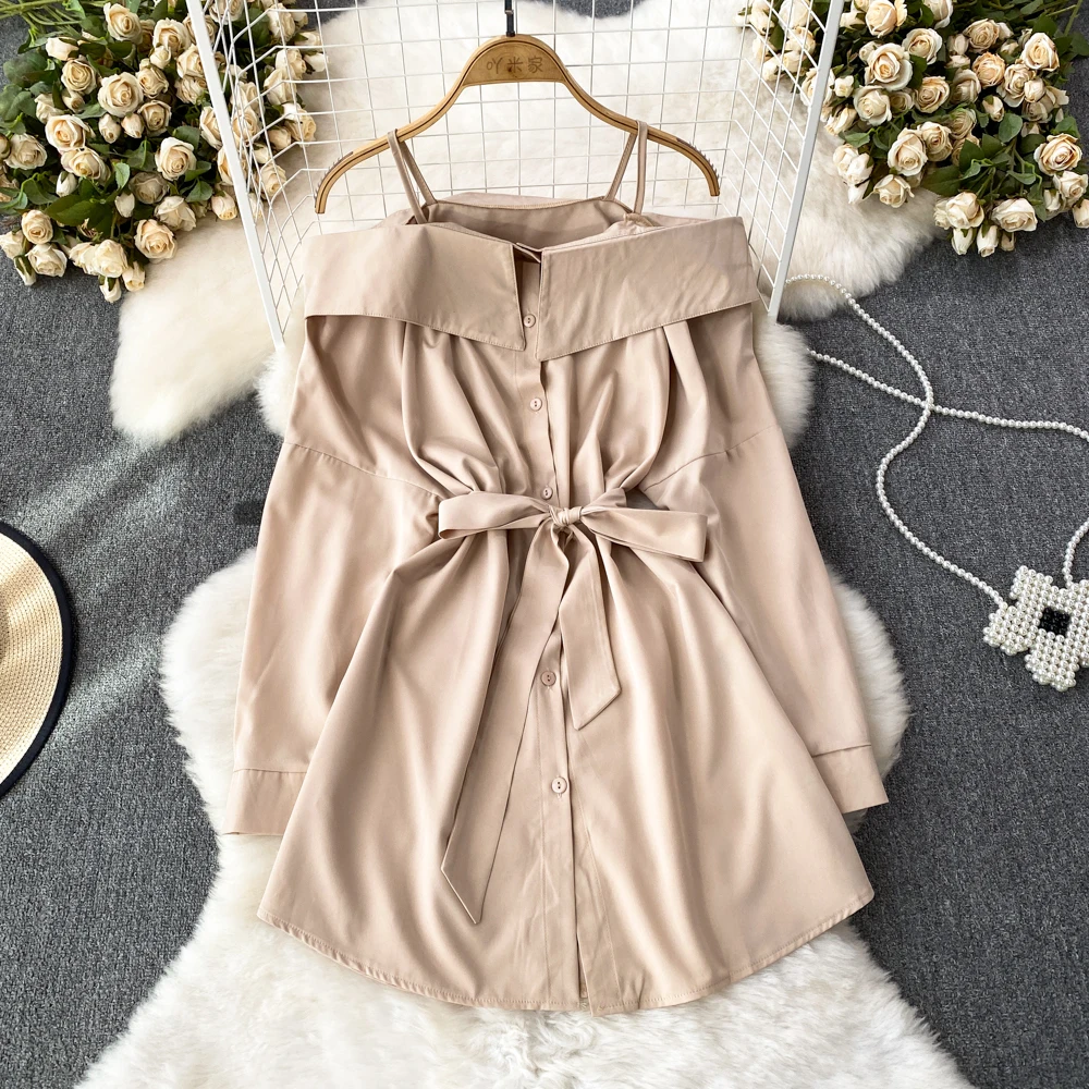 Korean Spring Autumn Off Shoulder Shirts Dress Chic Deisgn Long Sleeve Ruffles Slim Single Breasted A-line Solid Women Dress