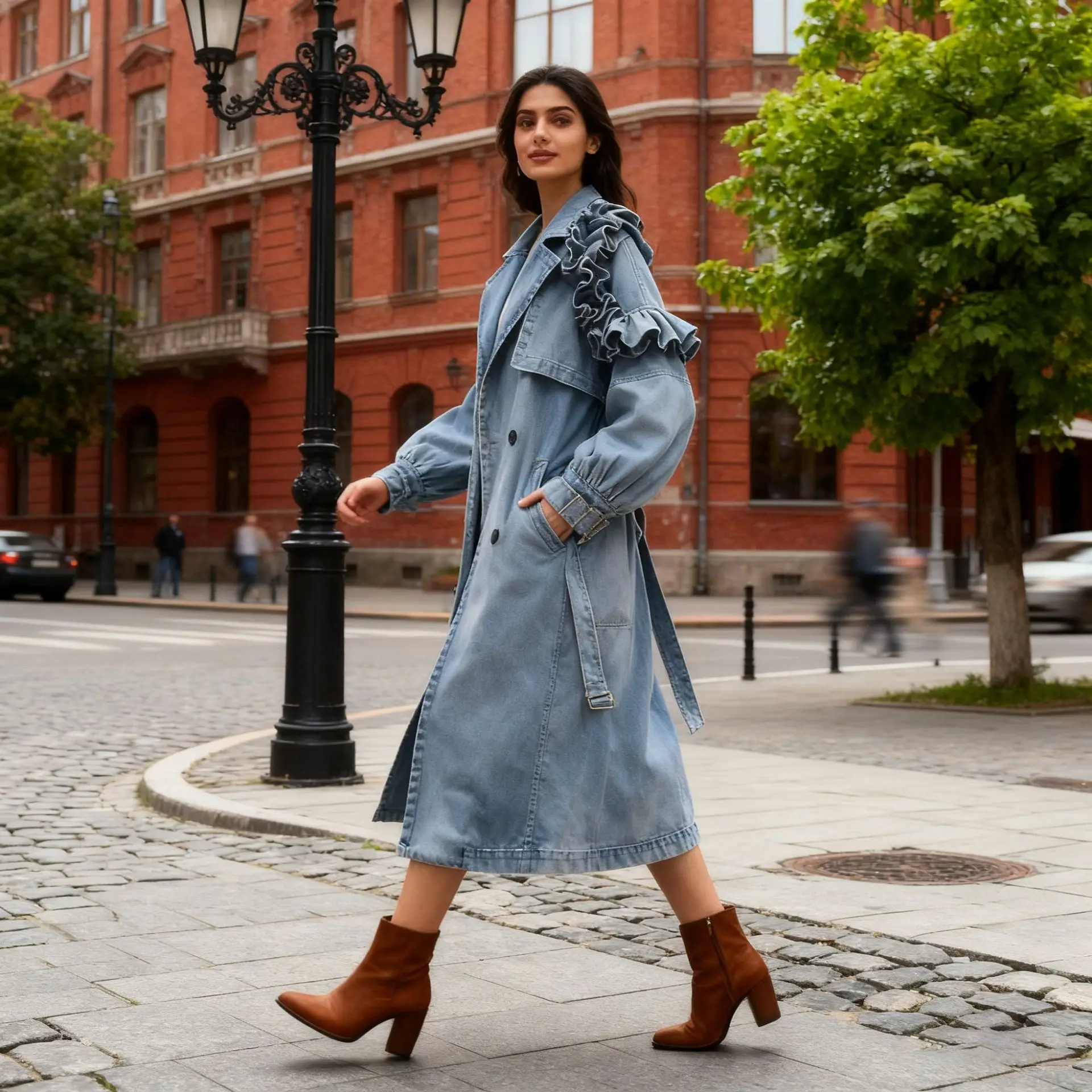 Jesienno-zimowa damska stylowa i modna kurtka jeansowa o luźnym kroju, spersonalizowany płaszcz typu trencz, modna odzież wierzchnia.