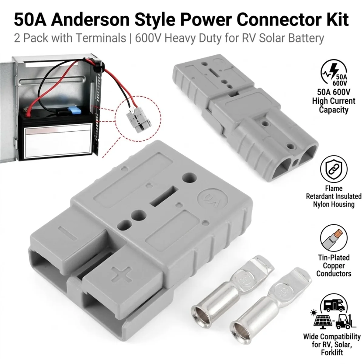 20 Set 50A 600V Quick Connect Battery Plug PC Flame Retardant Housing Silver Plated Copper Terminal For EV Motor 7-12 AWG Wire