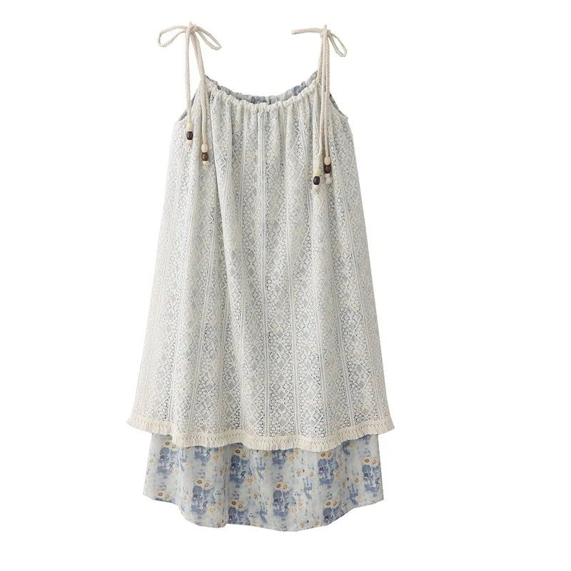 

Summer New French Style Seaside Vacation Slip Dress Lace Tassels Flower Mid Long Layered Skirt Sweet Fake Two Pieces Beach Dress