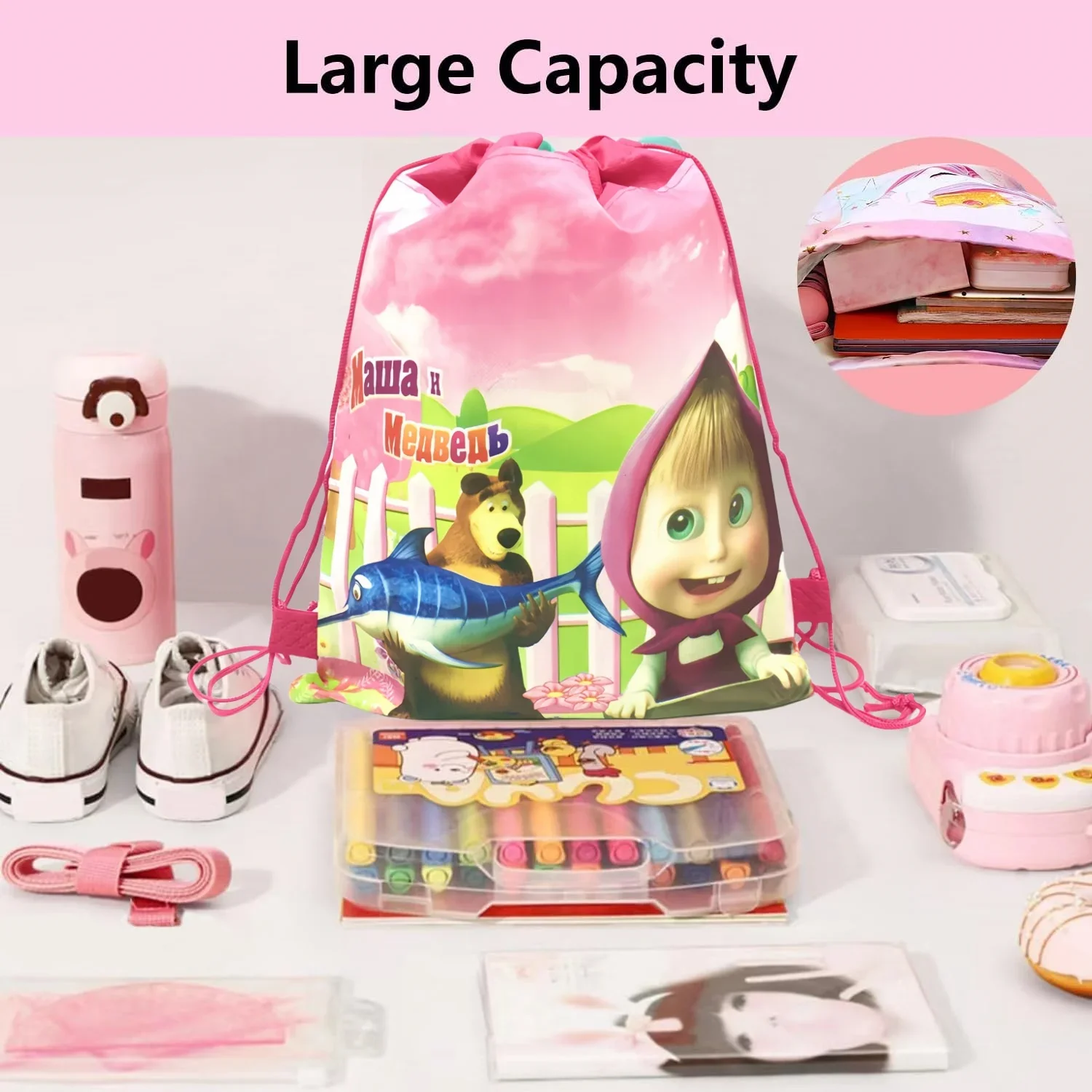 Masha and bear Paper Gift Bag Birthday Decor Backpack Masha Drawstring Bag Biscuit Handle Candy Bag Baby Shower Party Supplies ﻿