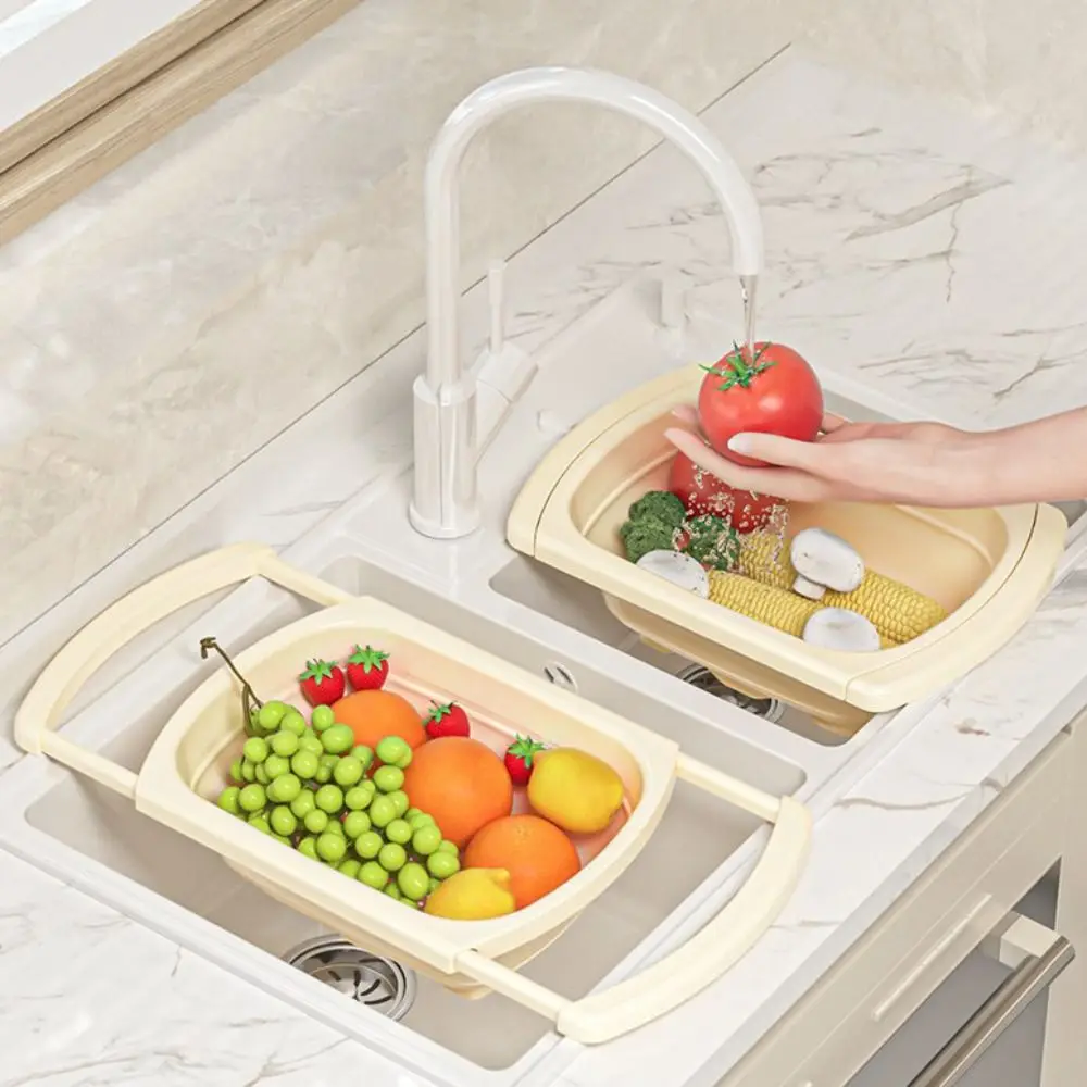 

Extendable Handle Fruit Vegetable Washing Basket Large Capacity Plastic Sink Filter Basket Foldable Bottom Sink Strainer Basket