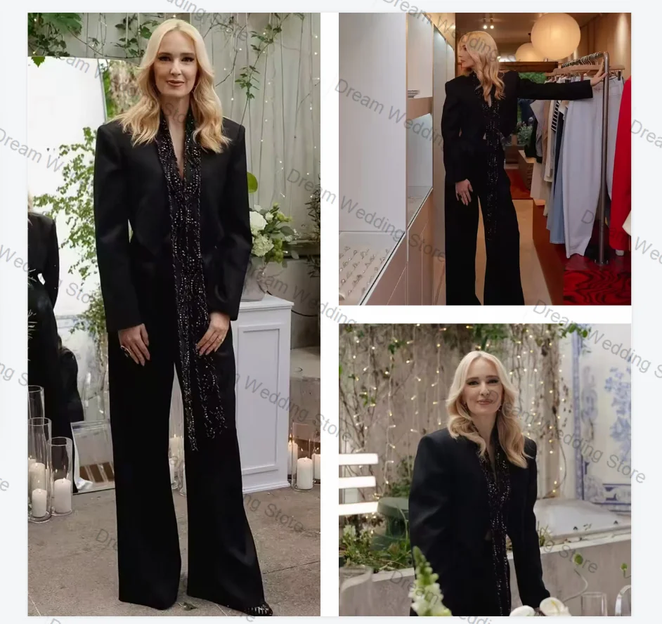 

Black Women Suit Set 2 Pcs Blazer Pants Trousers Long Crystals Lapel Formal Office Lady Jacket Customized Guest Wedding Coat