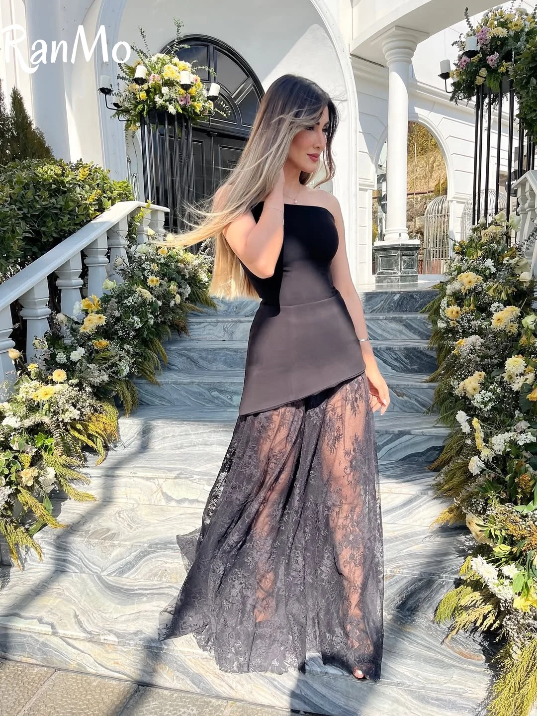 Ranmo-vestidos de graduación negros personalizados para cumpleaños, vestidos de noche árabes saudíes de Dubái, encaje hasta el suelo, sin mangas, fiesta Formal para mujer