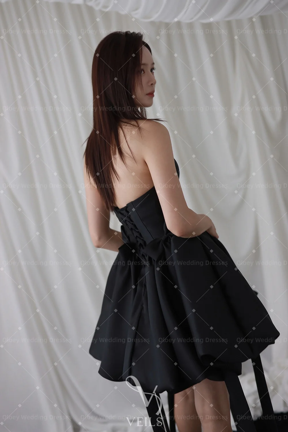 Oloey Customized Black Mini Evening Dress Strapless Bow Long Ribbons Bubble Prom Dress Korean Formal Party Wear Vestidos