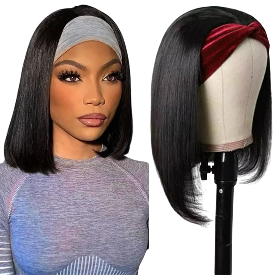

Headband Straight Bob Wigs Human Hair No Glue Machine Made Scarf Headband Wigs Easy To Wear Straight Bob Glueless Wig Human Hair