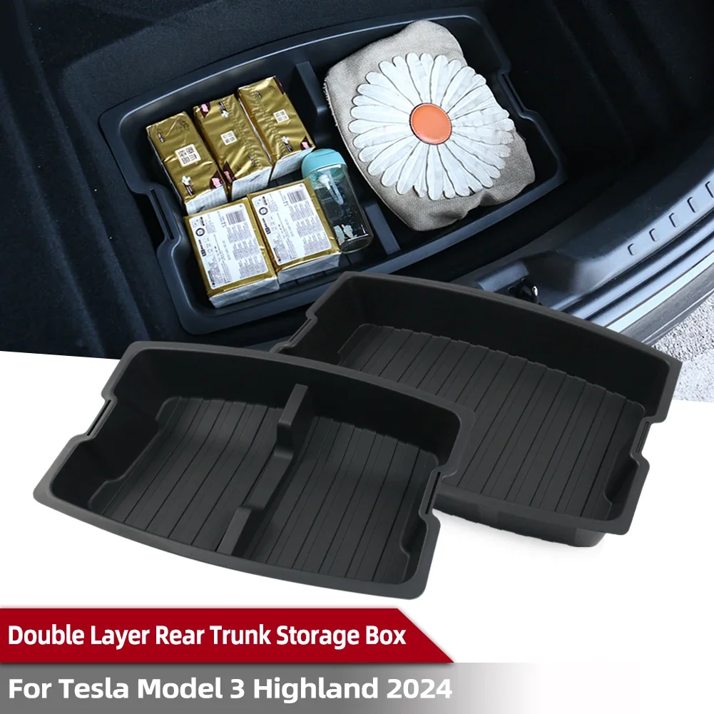 For Tesla Model 3 Highland 2024 Double-Layer Rear Front Trunk Storage Box Frunk Organizer Cargo Protective Tray Car Accessories