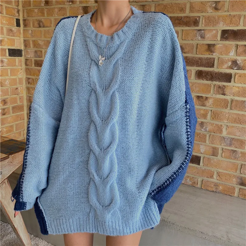 Pullover Cable Knit Sweater Women Oversize Sweater Oversize Knit Top Winter Fashion 2022 Stitching Trend Keep Warm Queen