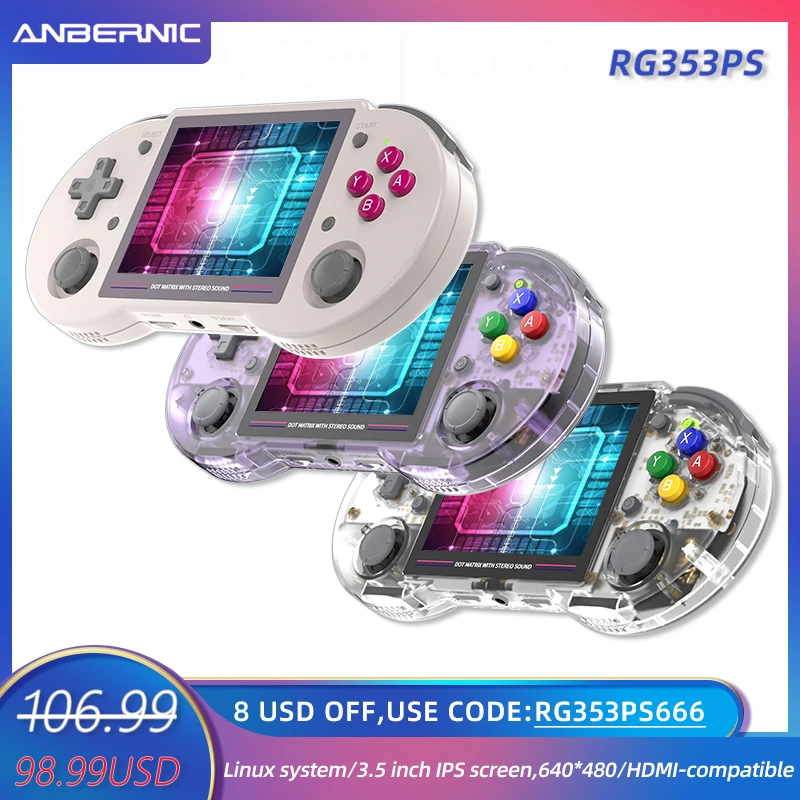 ANBERNIC Handheld Game Console, Retro Game Player, Compatível com HDMI, 2.4G, 5G WiFi, Sistema Linux, 3.5 "Tela IPS, RG353PS, 64 Bit