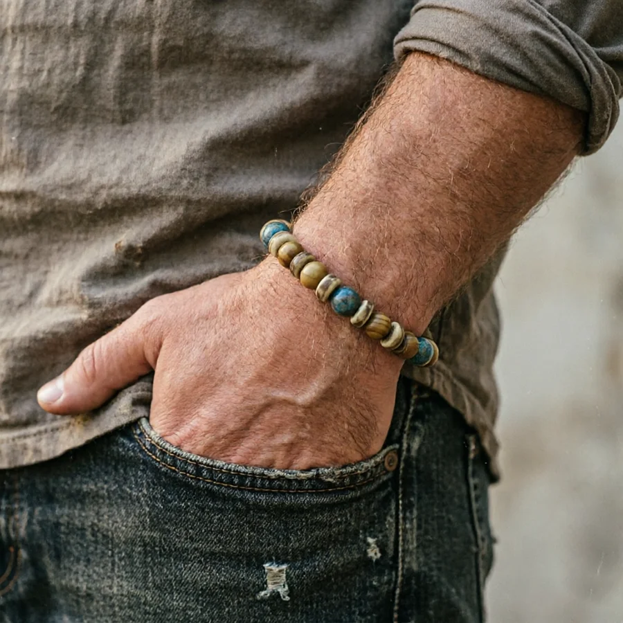 Vintage Wood Beaded Bracelet Mens Natural Stone Braslet Yoga Meditation Prayer Jewelry Tiger Eye Braclet Homme
