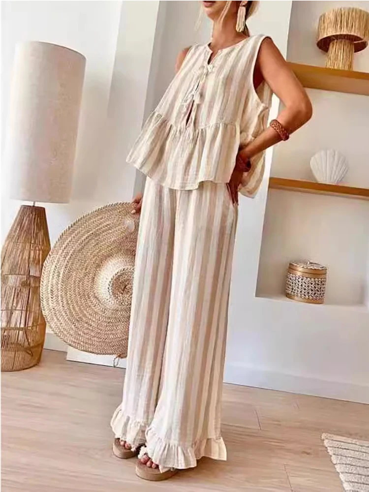 Summer Women's Sleeveless Casual Style Polyester Material 2024 New Fashion Striped Front Open Vest Top Wide Leg Casual Pants Set