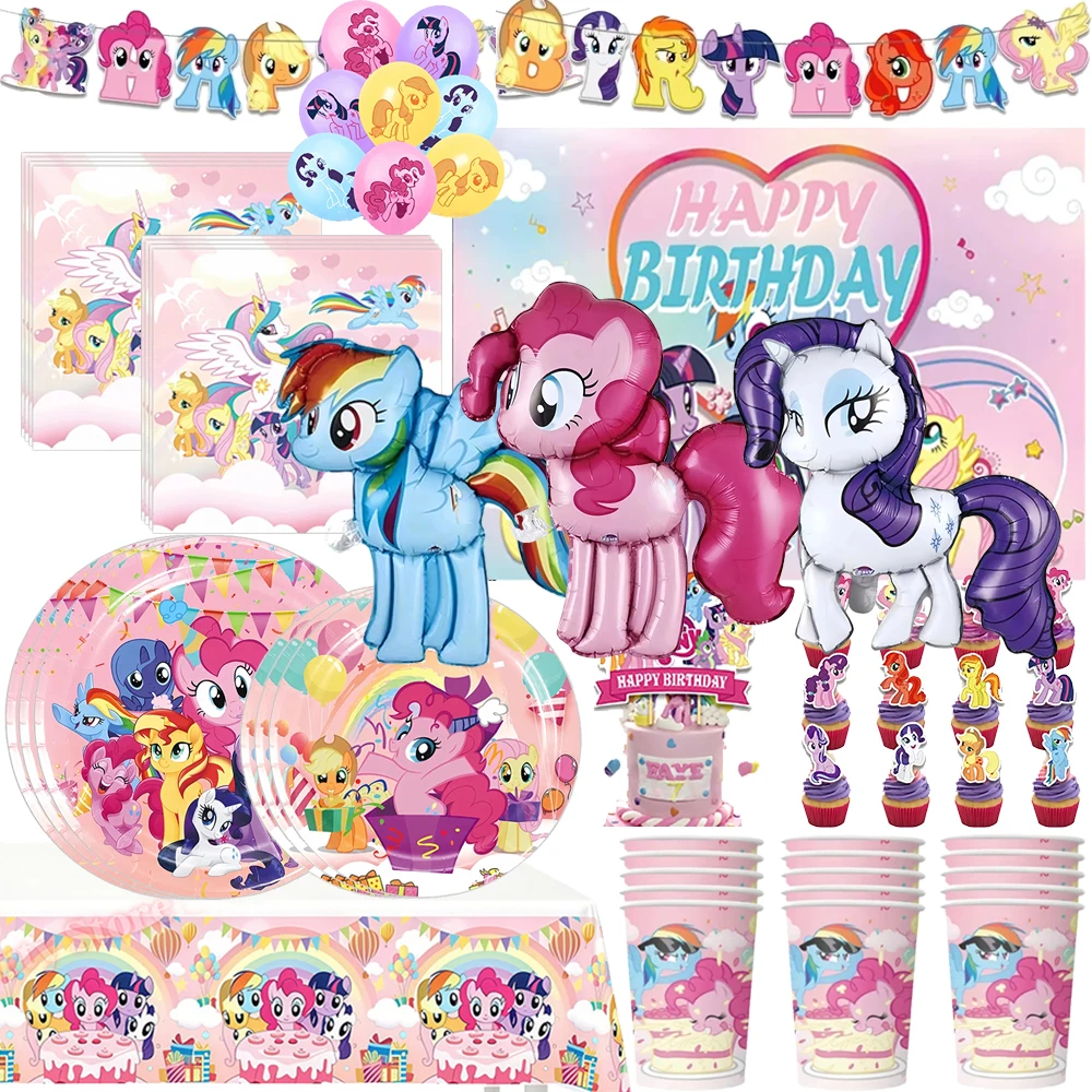 My Little Pony Geburtstagsparty-Dekorationen, niedliche Luftballons, Teller, Becher, Banner, Geschirr-Set für Babyparty, Partygeschenke, Kindergeschenke