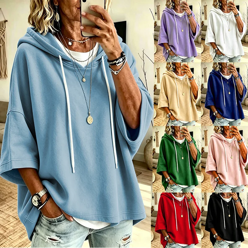 Women's Solid Color 3/4 Sleeve Hoodie, Casual Loose Pullover Top for Autumn Winter