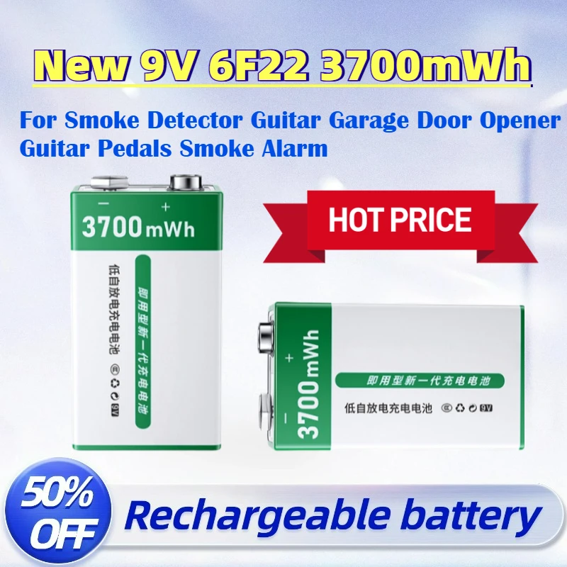 Hot Sale New 9V 6F22 3700mWh Rechargeable Li-Ion Battery for Smoke Detector Guitar Garage Door Opener Guitar Pedals Smoke Alarm