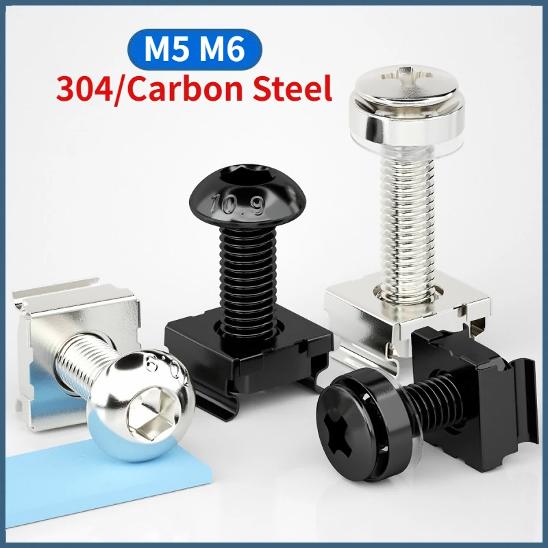 M5 M6 304 Stainless Steel / Nickel Plated /Black Carbon Cabinet Screw Rack Mount Cage Nut Bolt for Network Server Chassis Router