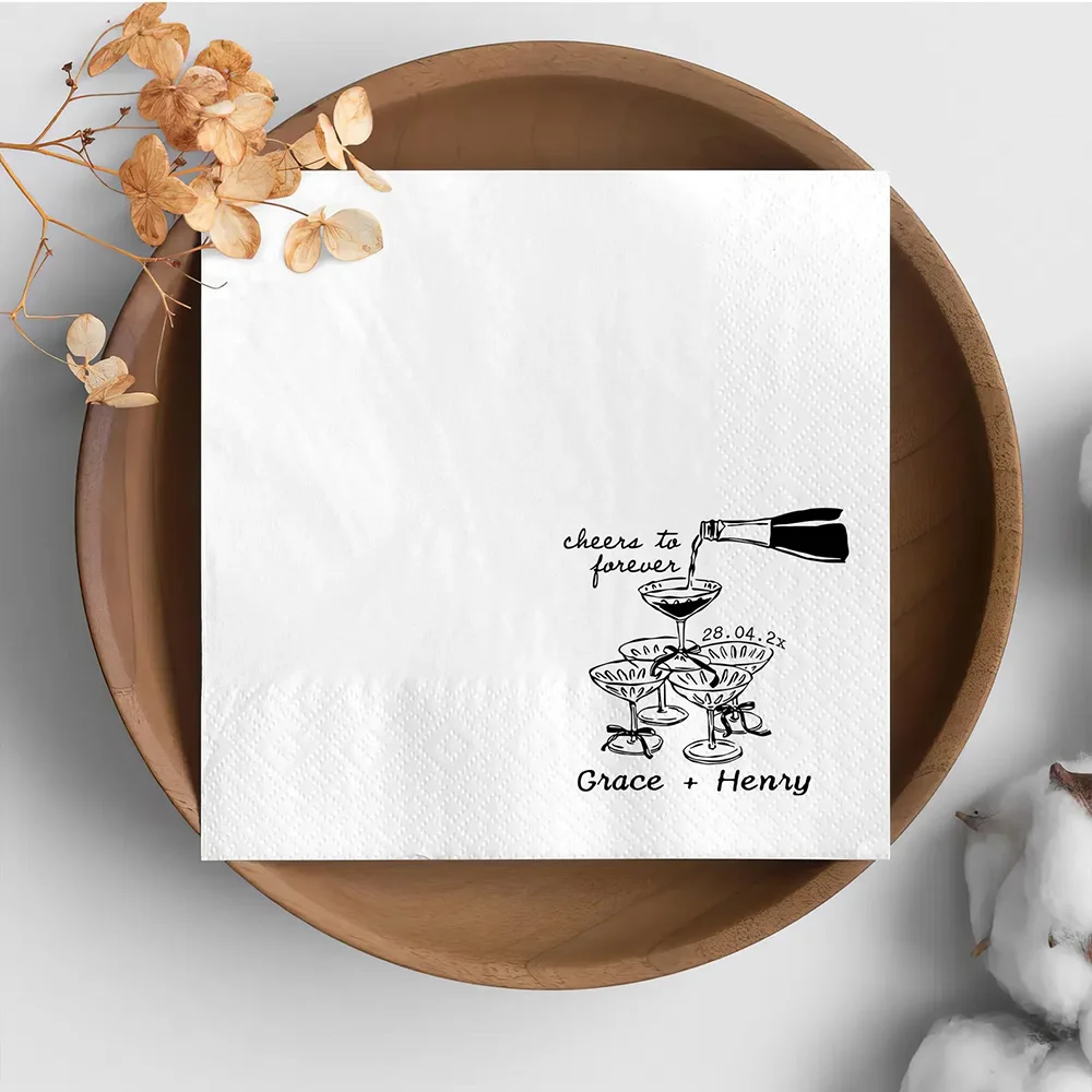 Personalized 20 Sheets Cheers To Forever Cocktail Napkins Wedding Supplies Champagne Tower Napkins Engagement Party Anniversary view 2