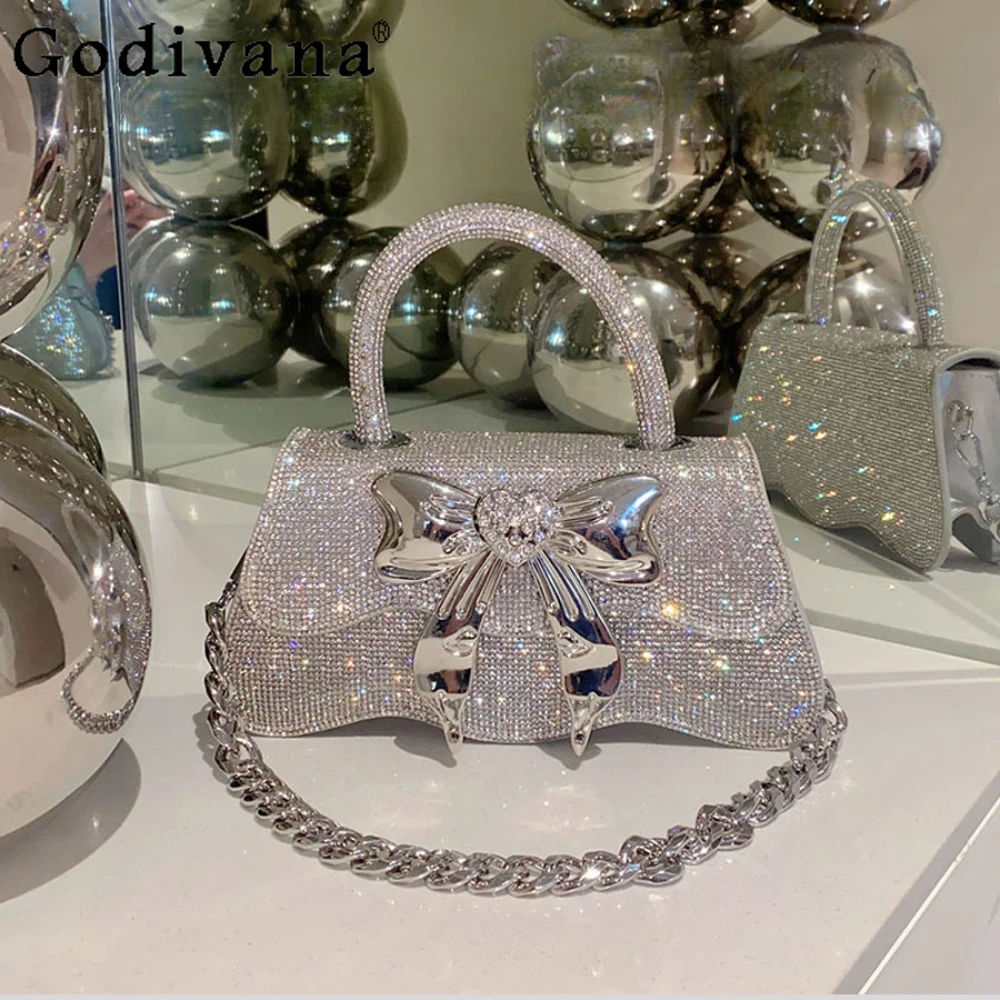 Bow Metal Rhinestone Shoulder Bag Wave Chain Small Square Bag Personalized Clutch Party Dinner Crossbody Bag Handbags