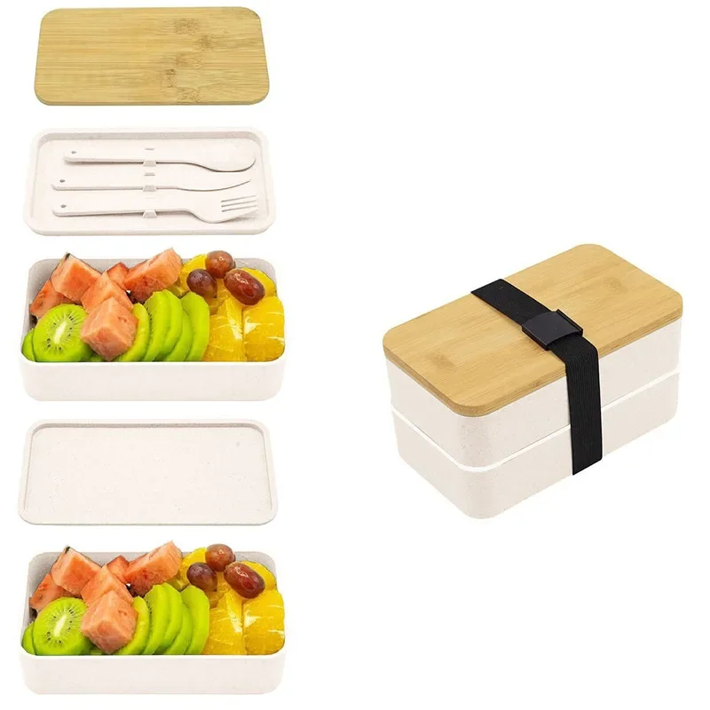 Bento lunchbox voor volwassenen, 2-laags voedselopslagcontainerset met bestek voor kinderen/kinderen, scherper magnetron- en vaatwasmachinebestendig