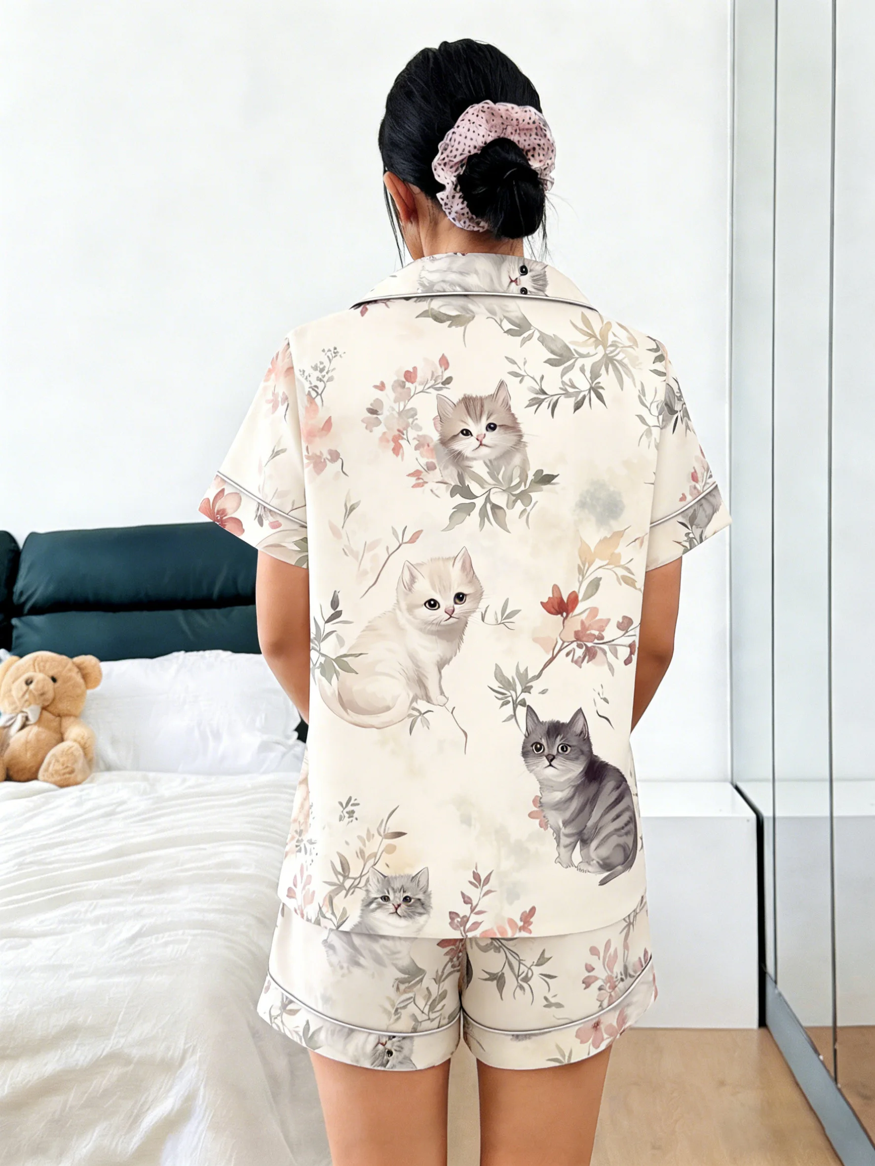 Women Pajamas Cardigan Lapel Short Sleeve Shorts 2 Piece Set Spring Summer Cute Cat Floral Print Homewear Loungewear