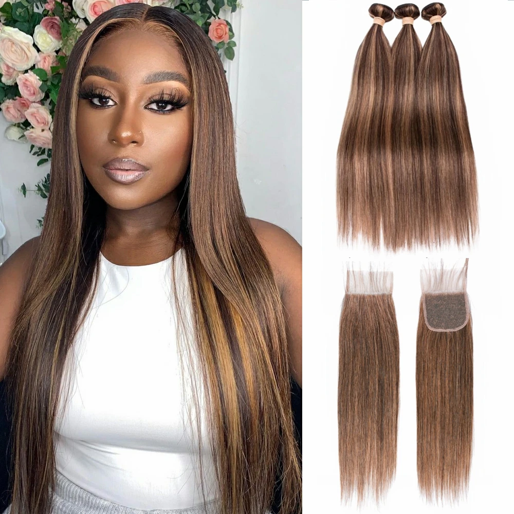 

Bundles With 4X4 Lace Closure P4/27 Brown Straight Bundles With Closure Ombre Colored Highlight Human Hair Bundles With Closure