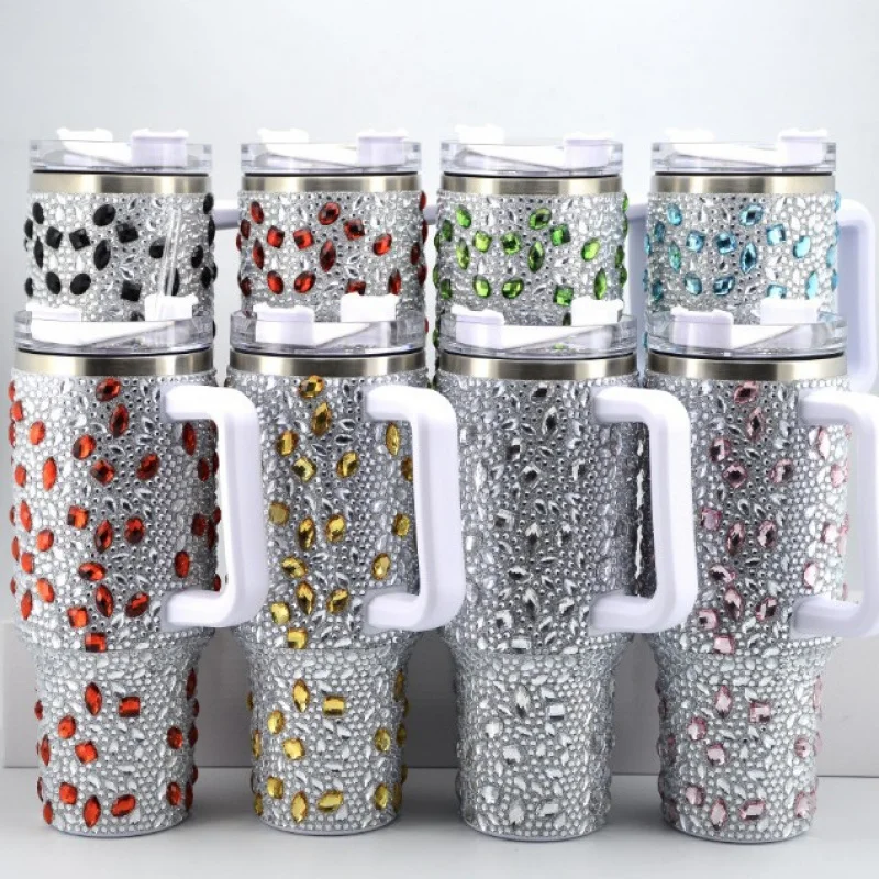 40oz Stainless Steel Vacuum Insulated Tumbler with Pearls & Rhinestones, Wide Handle Car Cup Holder Compatible