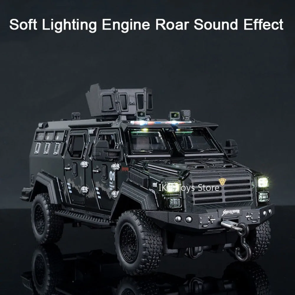 1:32 Sword Toothed Tiger Armored Cars Metal Diecast Miniature Off-road Vehicles Sound Light Doors Opened Pull Back for Kid Gifts