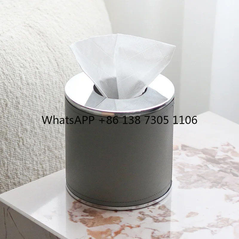 

Light luxury high-end leather round tissue box ornaments hotel living room bedroom tabletop paper box accessories