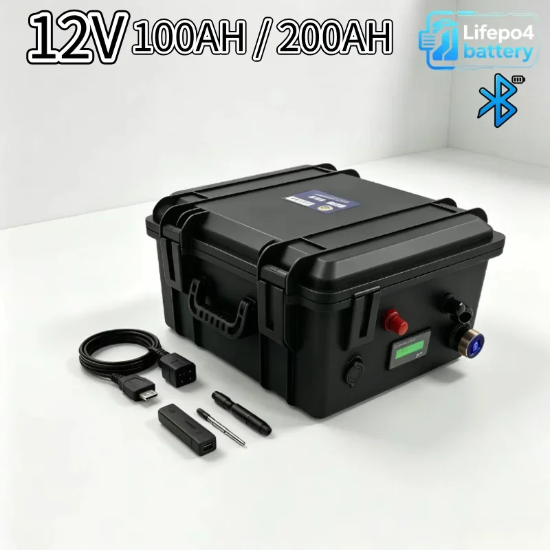 Unité Batterie LiFePO4 12V 200Ah Rechargeable, Cellules Étanches Lithium‑Fer‑Phosphate, Convient Voiturette de Golf, RV et Systè